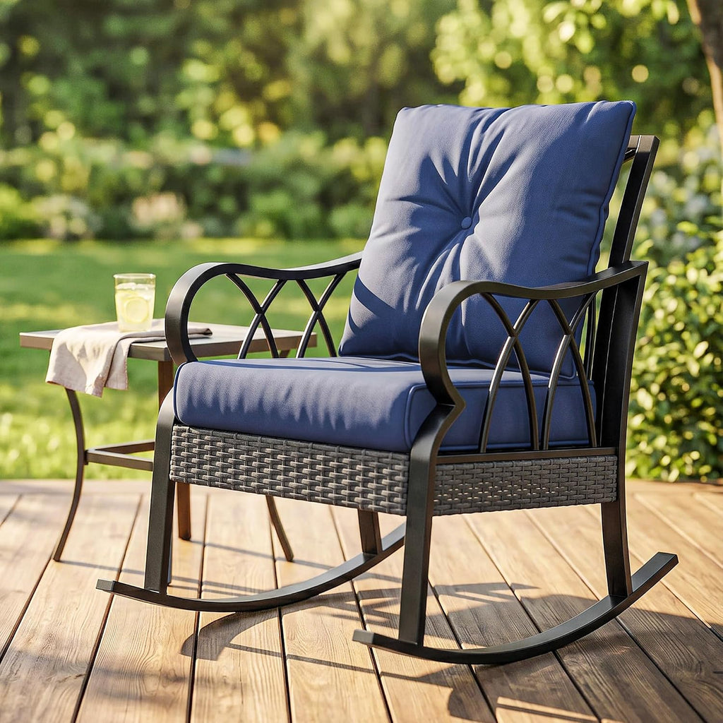 Outdoor Wicker Rocking Chair Padded Cushions Aluminum Navy Blue | Furniture Rattan Porch Rocker Chair, Armrest