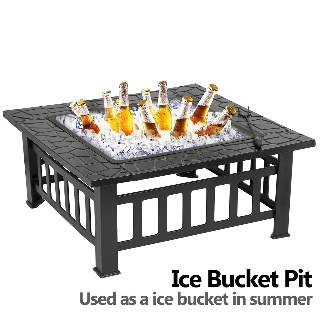 32" Heavy Duty Square Fire Pit Outdoor Metal Firepit Wood Burning Fireplace w/Waterproof Dust Cover Patio Backyard