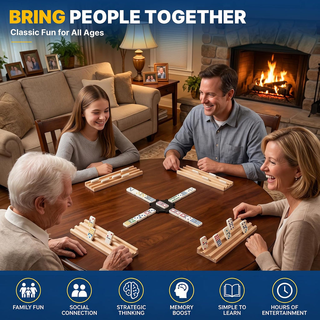 Double 12 Jumbo Dominoes Tiles Set for Adults Mexican Train - 91 Colored Dot Domino Tiles with 4 Wooden Racks, Center - Set of 91