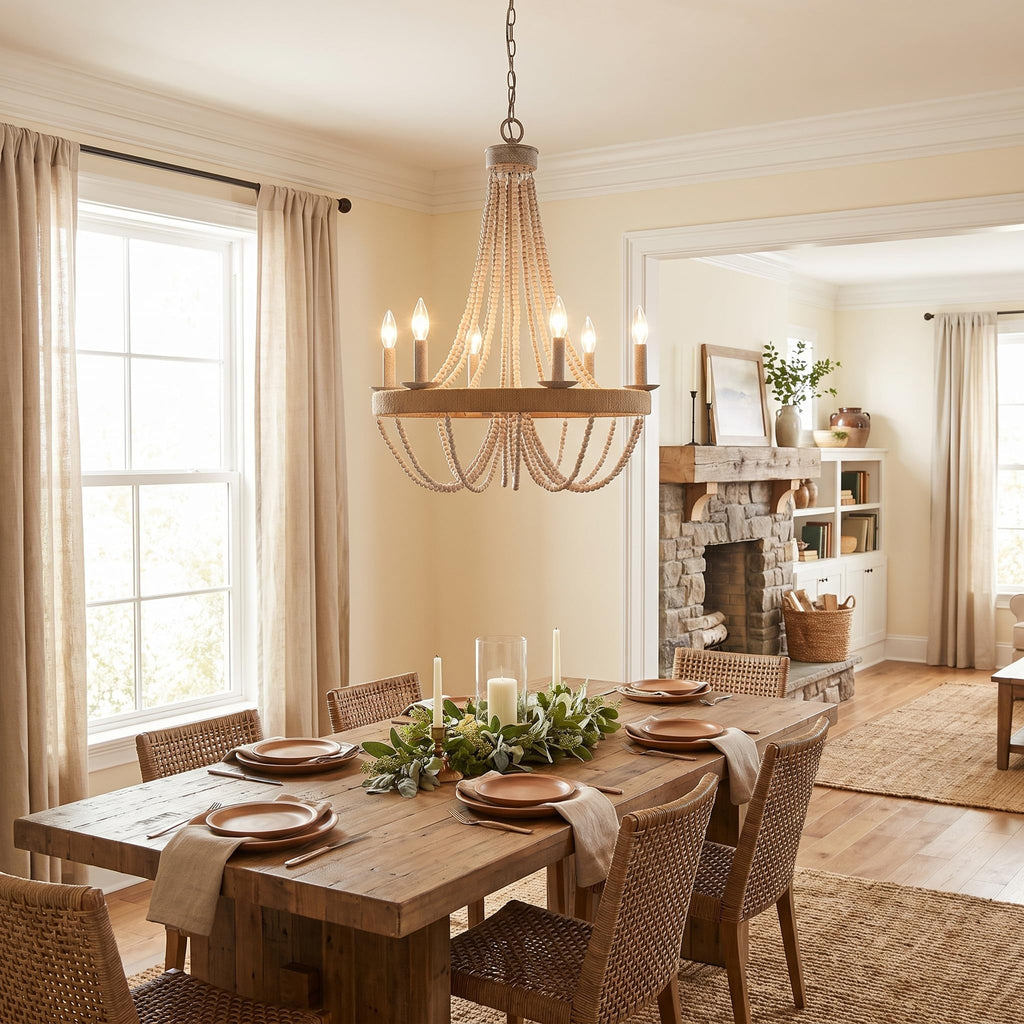 Farmhouse Chandelier 6-Light Wood Bead Rustic Ceiling Light