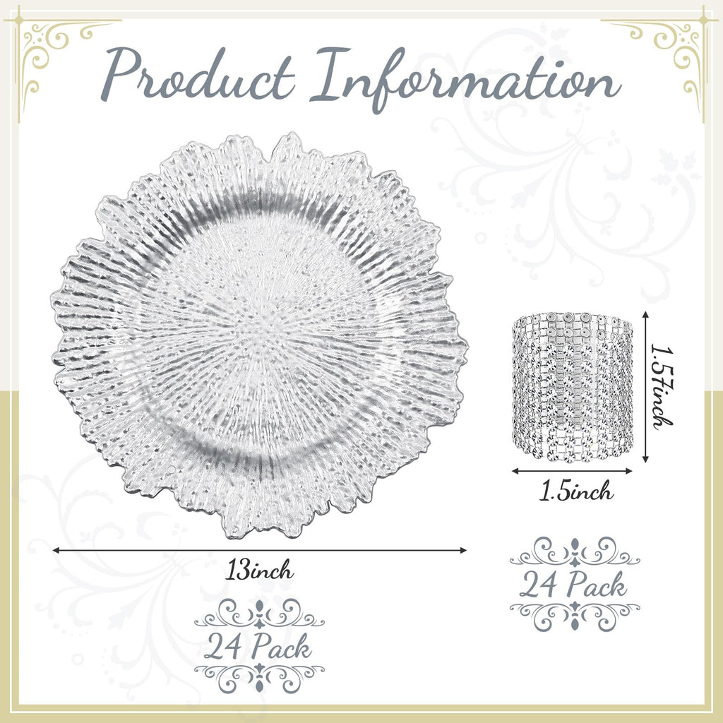 72 Pcs Christmas Charger Plates Set Bulk 24 Pcs 13'' Floral Reef Plates, Napkin Rings and Cloth Napkins Plastic