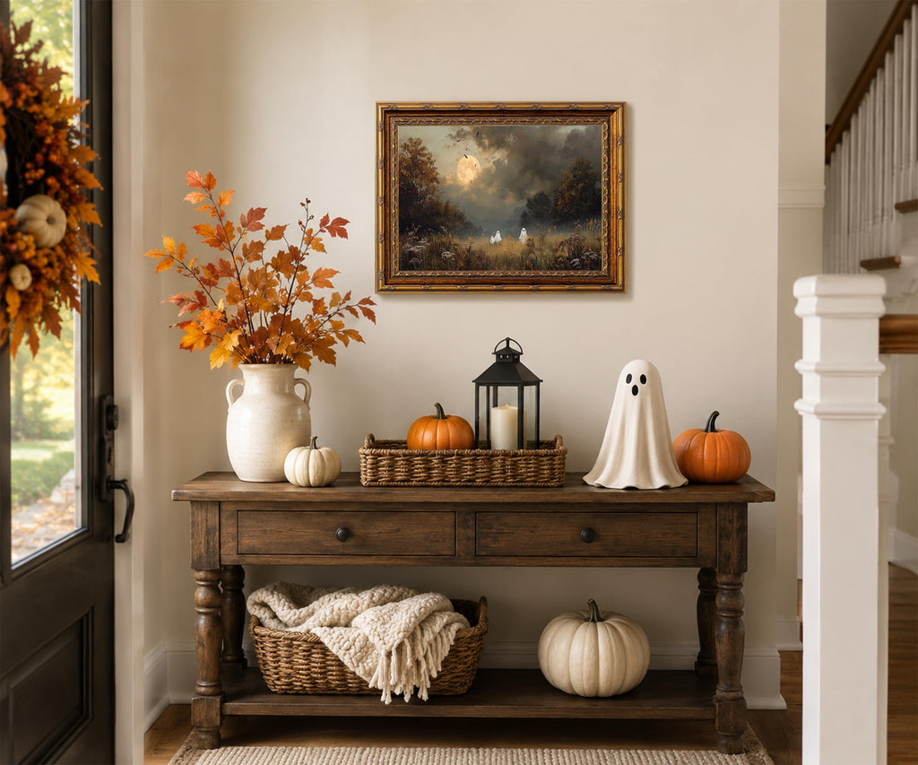 Vintage Gold Framed Halloween Ghost Wall Art, Gothic Ghost Meadow Canvas