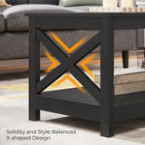Wood 2-Tier Black Coffee Table with Storage Shelf, X Design Accent Cocktail Table, Easy Assembly Home Furniture
