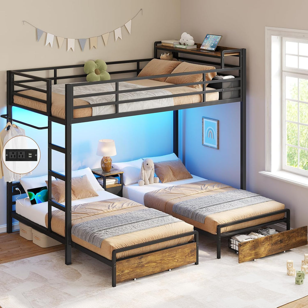 Triple Bunk Bed for Kids with Storage Drawers and Charging Station Twin Over Twin Metal Bunk Bed with Storage Shelves