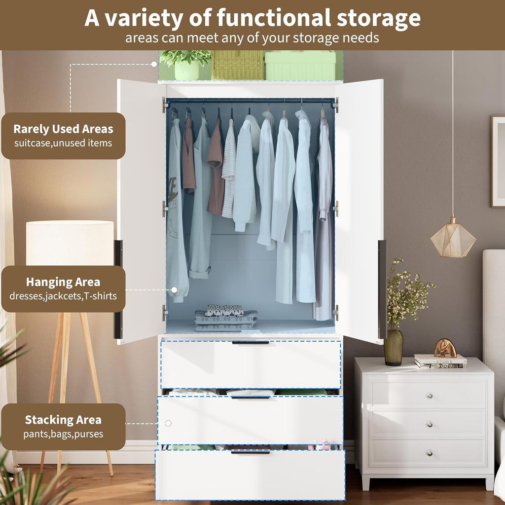 70" Wardrobe Armoire Wooden Closet with 3 Drawers, White | Bedroom Armoire with Hanging Rod Shelf, Large Capacity