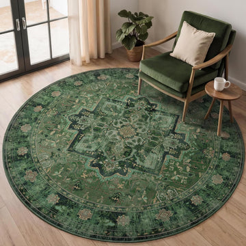Green Round Rugs 6ft for Living Room, Washable Non Slip Low Pile Thin 6 Feet Circle Rug for Dining R