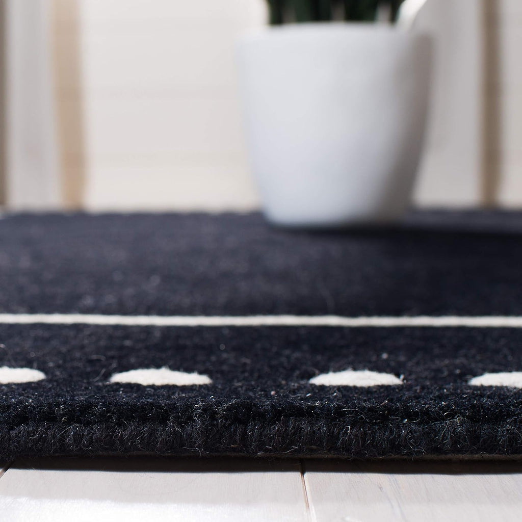 Area Rug 8x10 - Bella - Large - Black & Ivory, Handmade Wool, Dotted Border Design