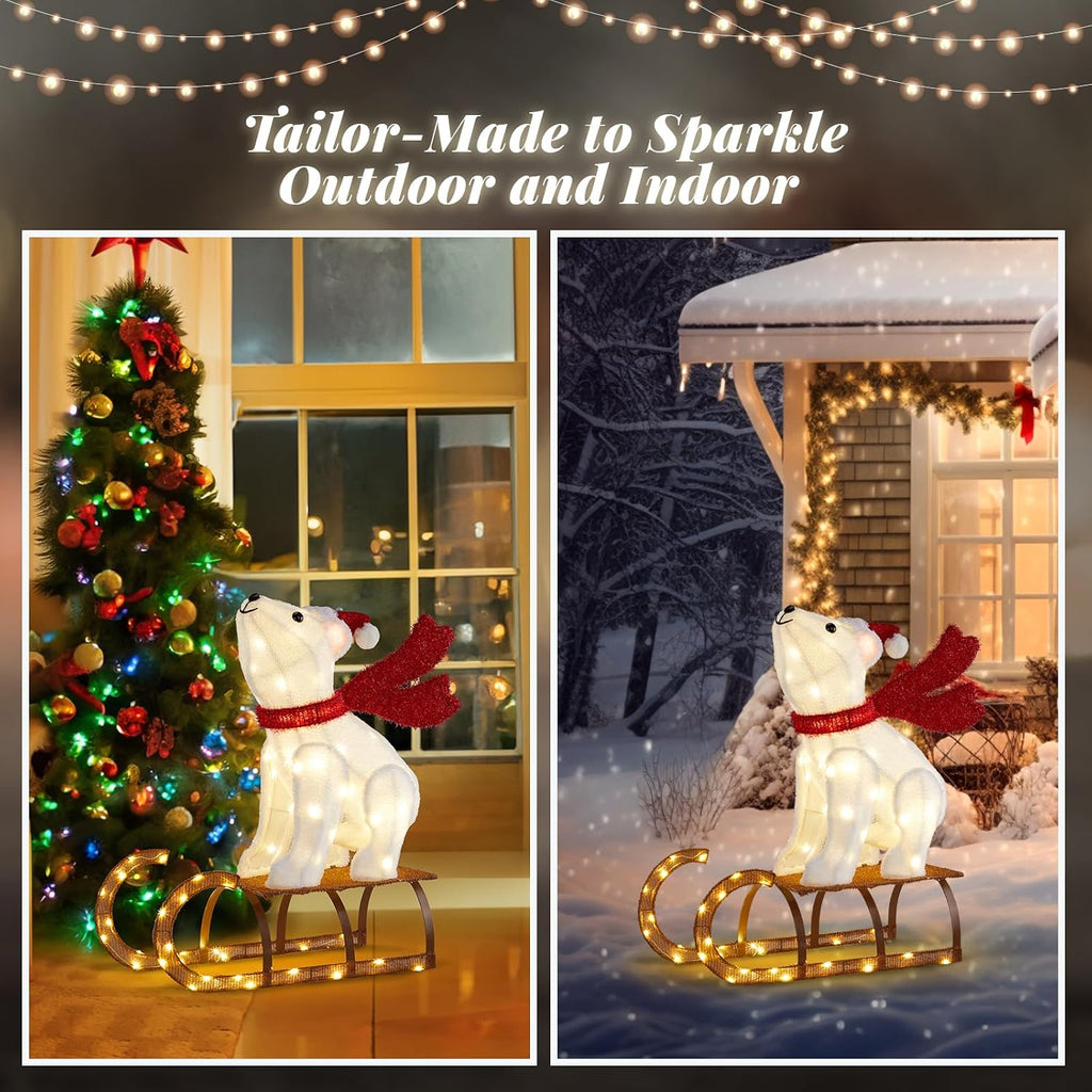 2.8FT Lighted Sleigh Polar Bear Christmas Outdoor Decorations, Christmas Yard Decorations with 104 Prelit LED, Light