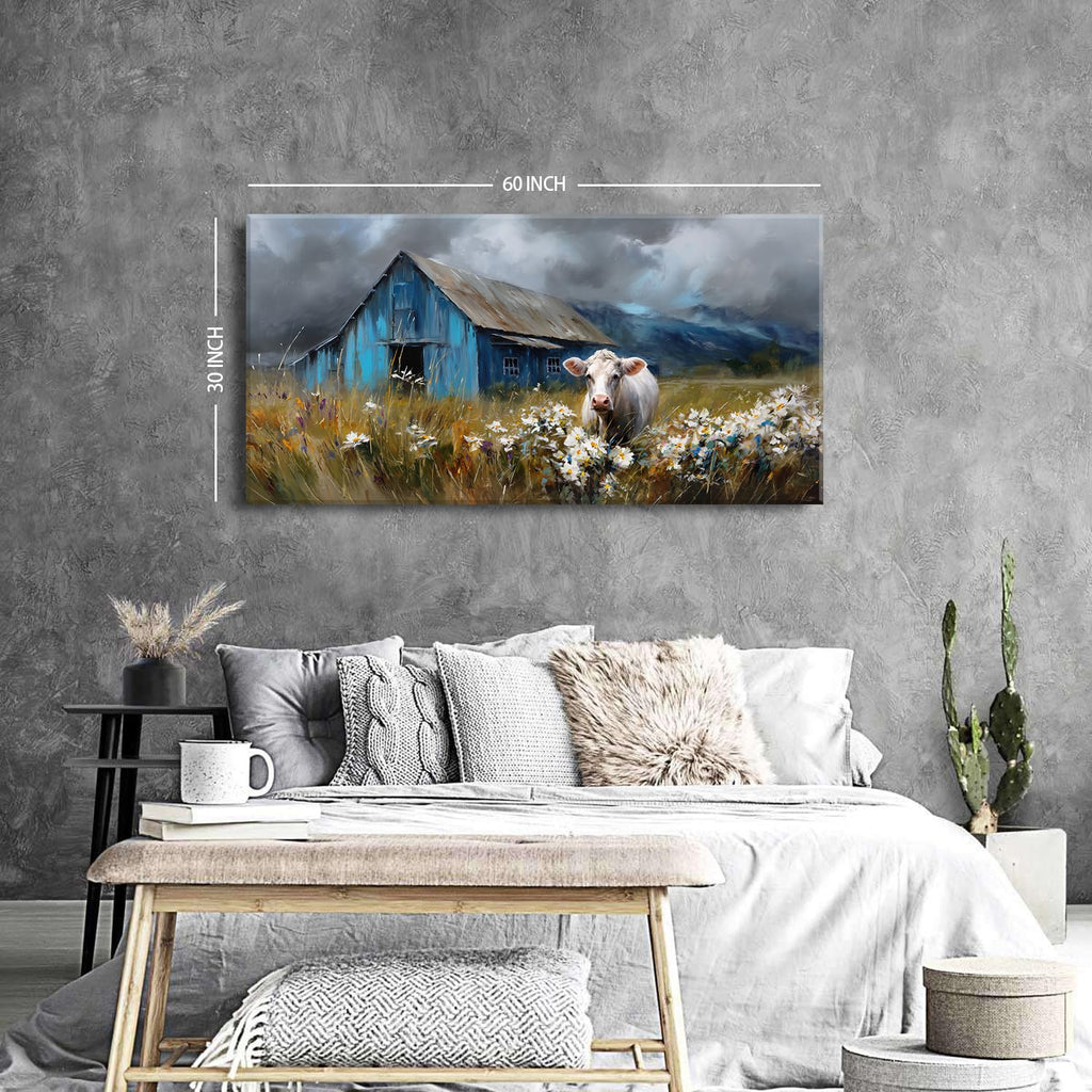 Rustic Farmhouse Wall Art Cow and Blue Barn Canvas Pictures Country Landscape Wall Decor Wildflower Field Painting