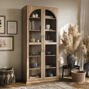 67" Jagger Glass Display Cabinet - Camel | 6-Tier,Wood Curio Cabinet,Adjustable Shelf,Trophy Showcase,Modern,Living