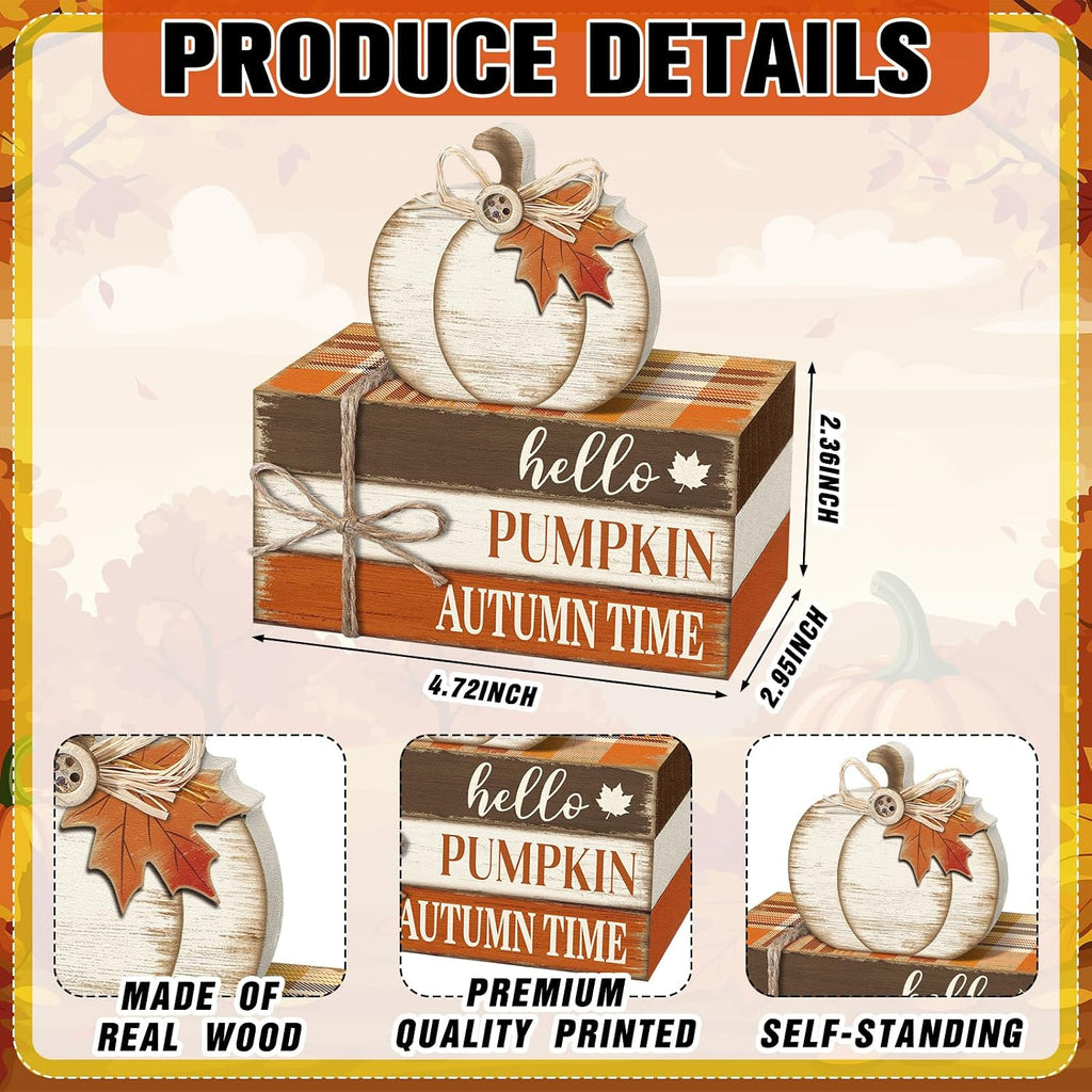 Fall Tiered Tray Decorations Thanksgiving Wooden Pumpkin and Maple Leaf Book Stack Signs, Autumn Vintage Table - Set of 4