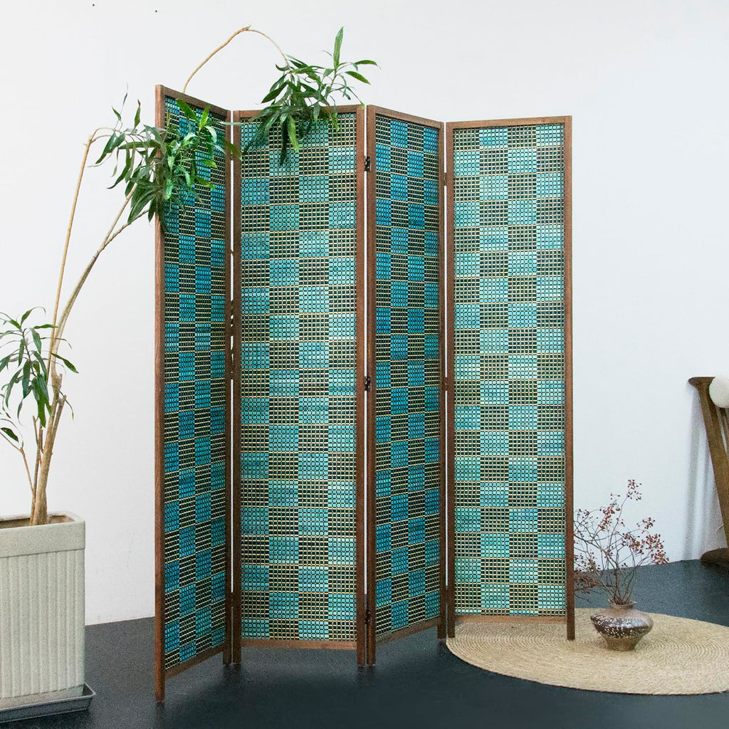 4 Panel Room Divider Screen and Folding Panel Screen, Double Sided Bamboo Divider for Room Separation, Blue Square, 67"