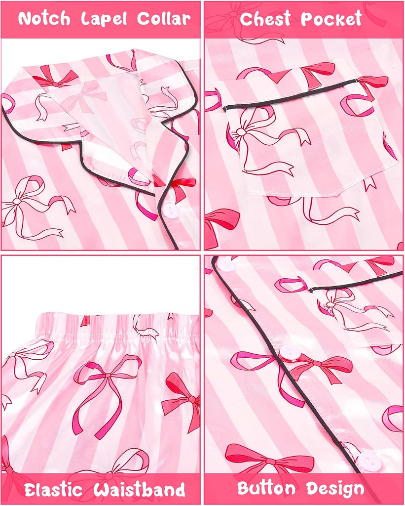 Girls Pajamas Satin Pajama Set Silk Pjs Short Sleeve Button Down Summer Bow Sleepwear for Big Kids