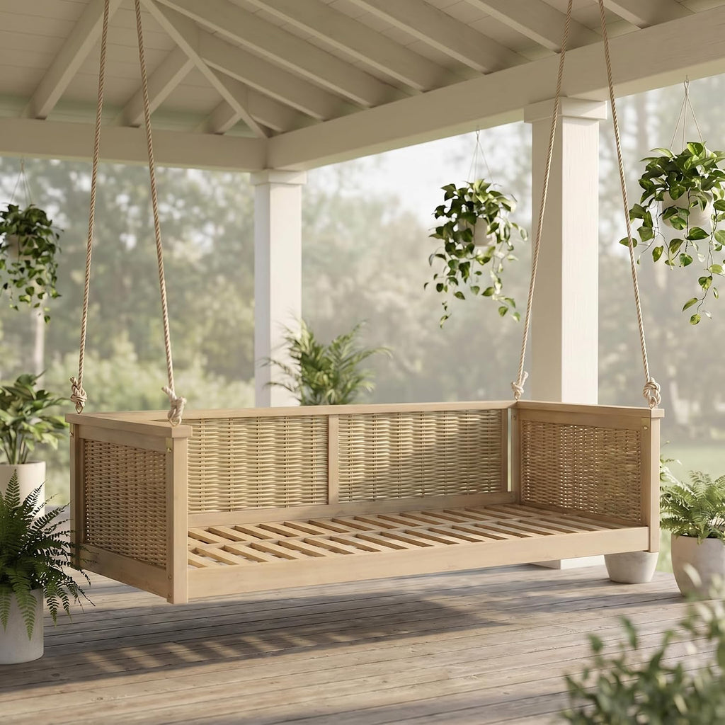 Twin Size Outdoor Porch Swing Bed, Acacia Wood & Rattan Hanging Daybed with Ropes , Backyard & Garden, Light Teak