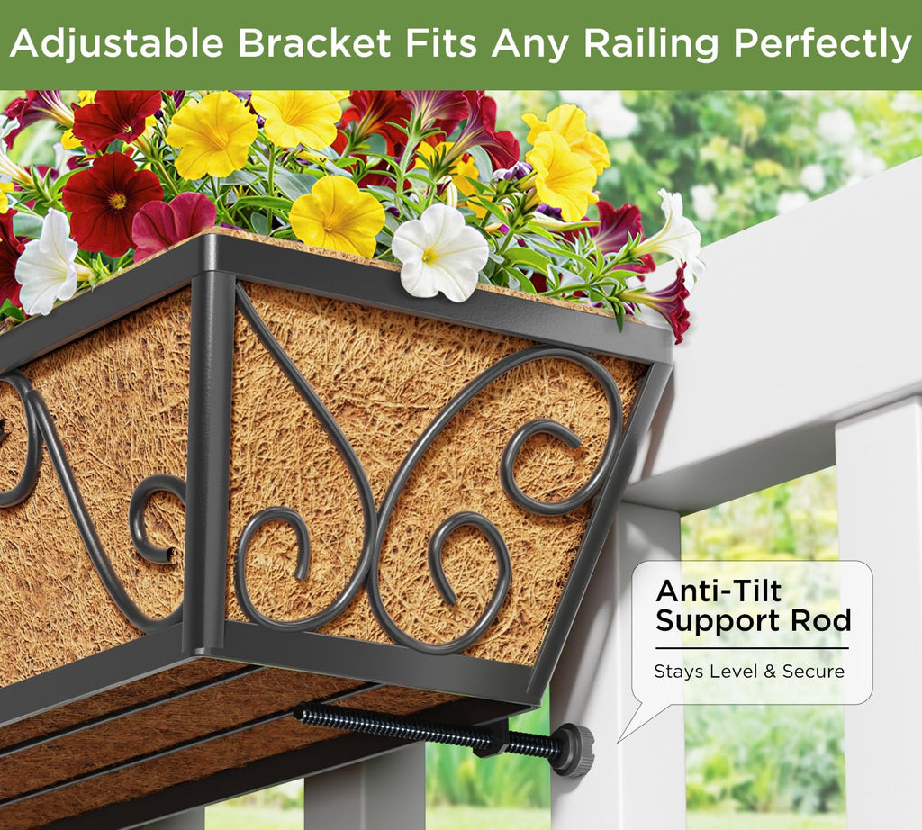 30x7 Inch Black Outdoor Rectangular Window Box Planter - Rust Resistant Steel, Plastic Coated - Perfect for Railings