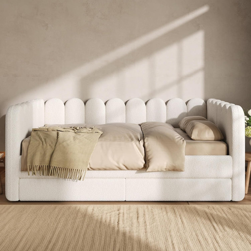 Queen Size Lambswool Upholstered Daybed with 2 Storage Drawers, Modern White Soft Daybed Frame, Curved Ribbed Panel