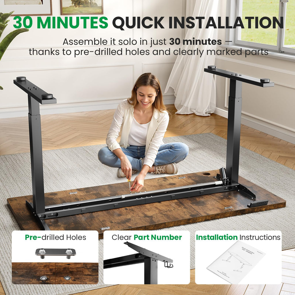 Brown 60x28 In Standing Desk, 1 Inch Thick Tabletop, Double Frame