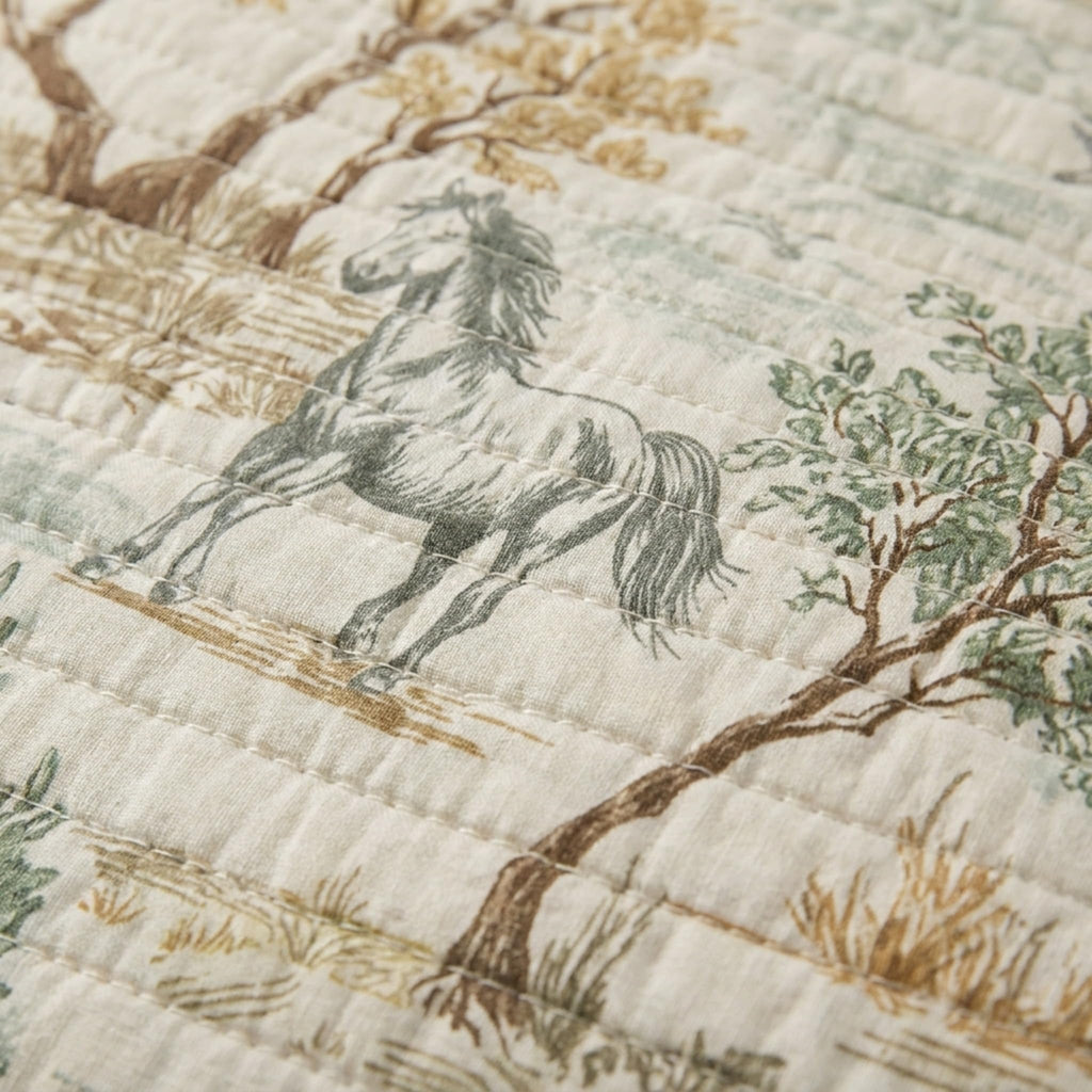 Graystone Meadow Full/Queen Quilt, Horse Toile Western Bedding, Reversible Cotton Bedspread, Green Gray Taupe Tan