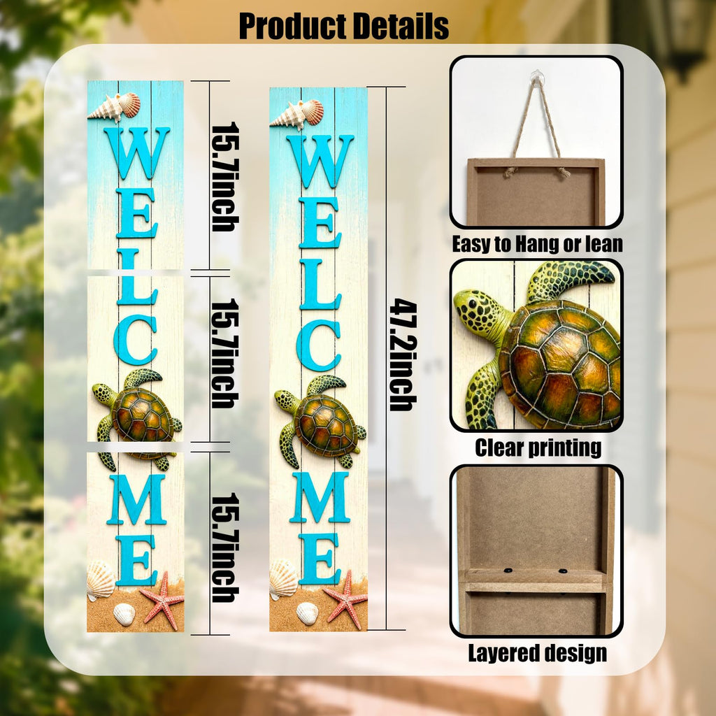 Vertical Wooden Sea Turtle Welcome Porch Sign, Rustic Summer Porch Standing Sign, Beach Decorative Plaques for Front