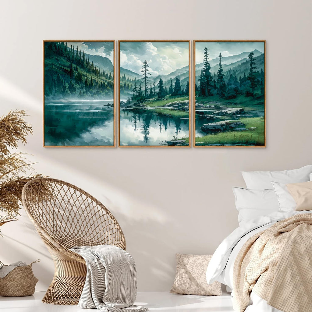 Large Nature Forest Framed Canvas Wall Art Set, Boho Mountains Calming Lake Wall Decor, Green Pine Trees Artwork