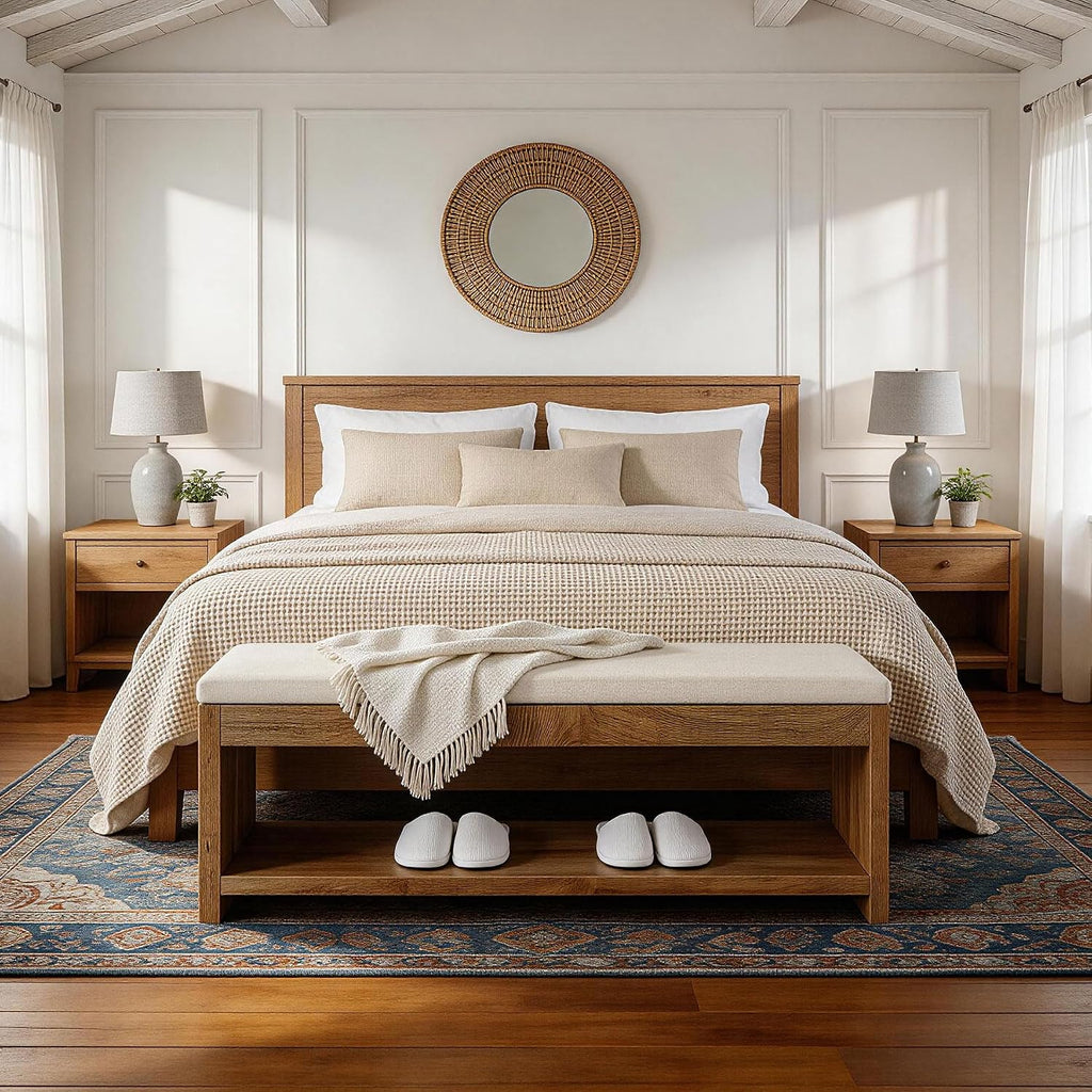 End of Bed Bench with Cushion , 55.1-Inch Wooden Upholstered Storage Bedroom Bench with Shoe Rack