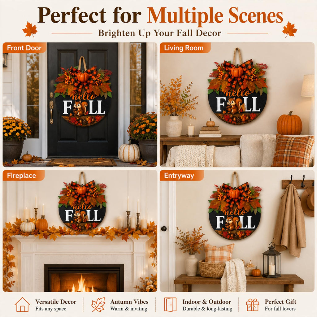 Fall Wreaths for Front Door Hello Fall Squirrel Door Hanger Thanksgiving Decor (Cute Hello Fall)