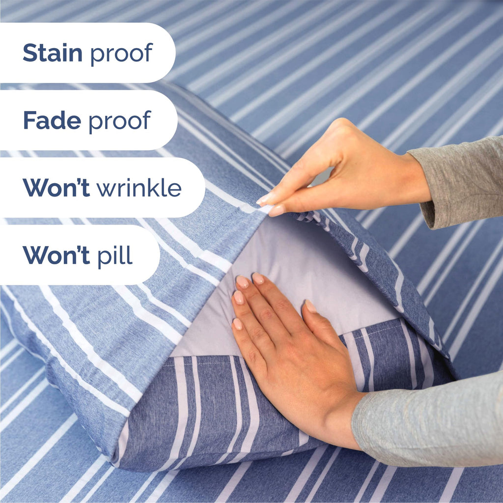 Queen Size 4 Piece Sheet Set - Breathable & Cooling Sheets - Blue Stripes