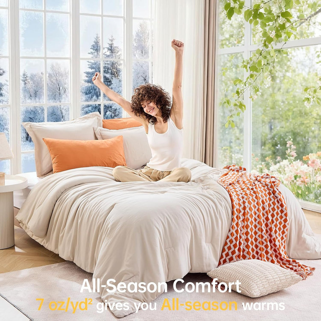 Queen Comforter Set Beige, 3 Piece Solid Bedding for All Seasons