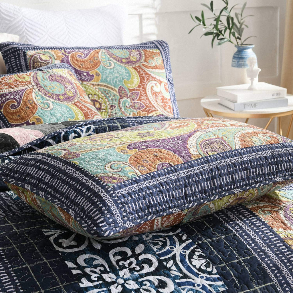 Bedspread Quilt Set with Real Stitched Embroidery, Paisley Grid Pattern, Queen Size