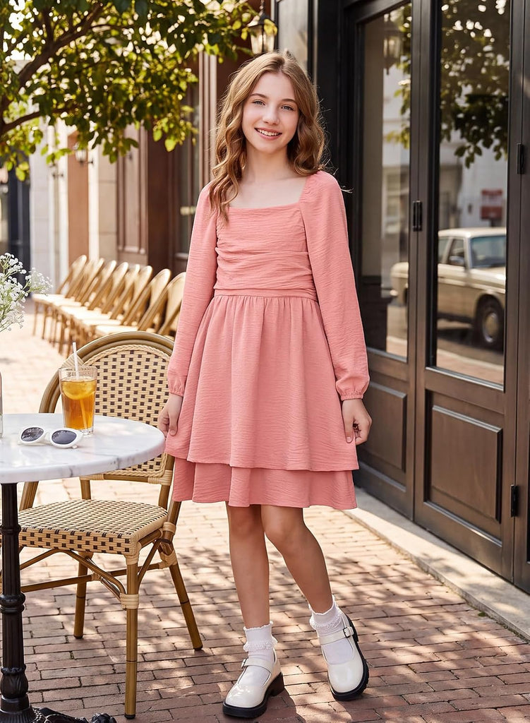 Girls Fall Long Sleeve Ruffle Tiered Dresses