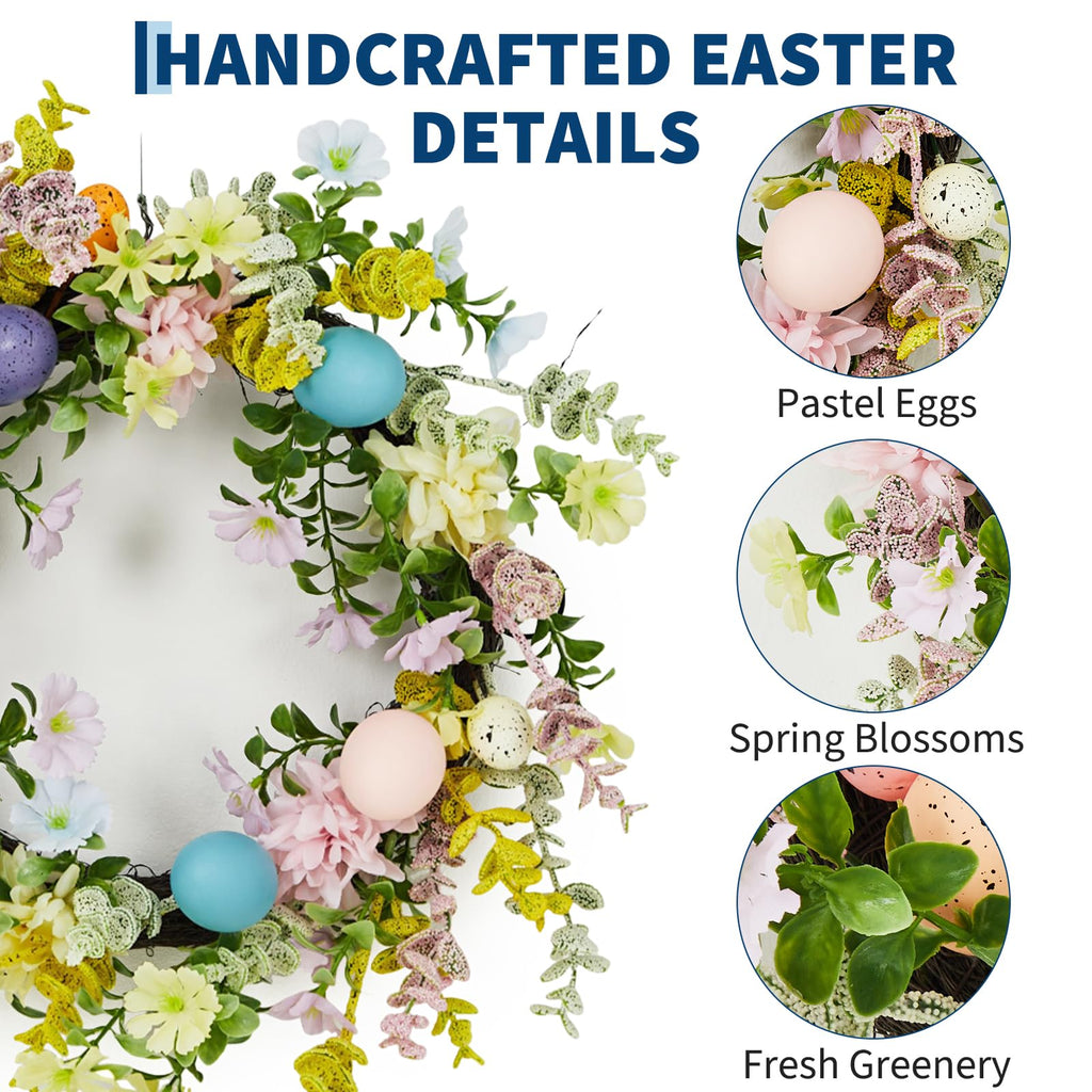 Easter Wreath for Front Door - 18in Spring Flower Wreath with Easter Eggs & Lush Greenery, Artificial Floral Door