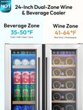 Wine and Beverage Refrigerator, 24 Inch Dual Zone Wine Cooler with Glass Door Ho
