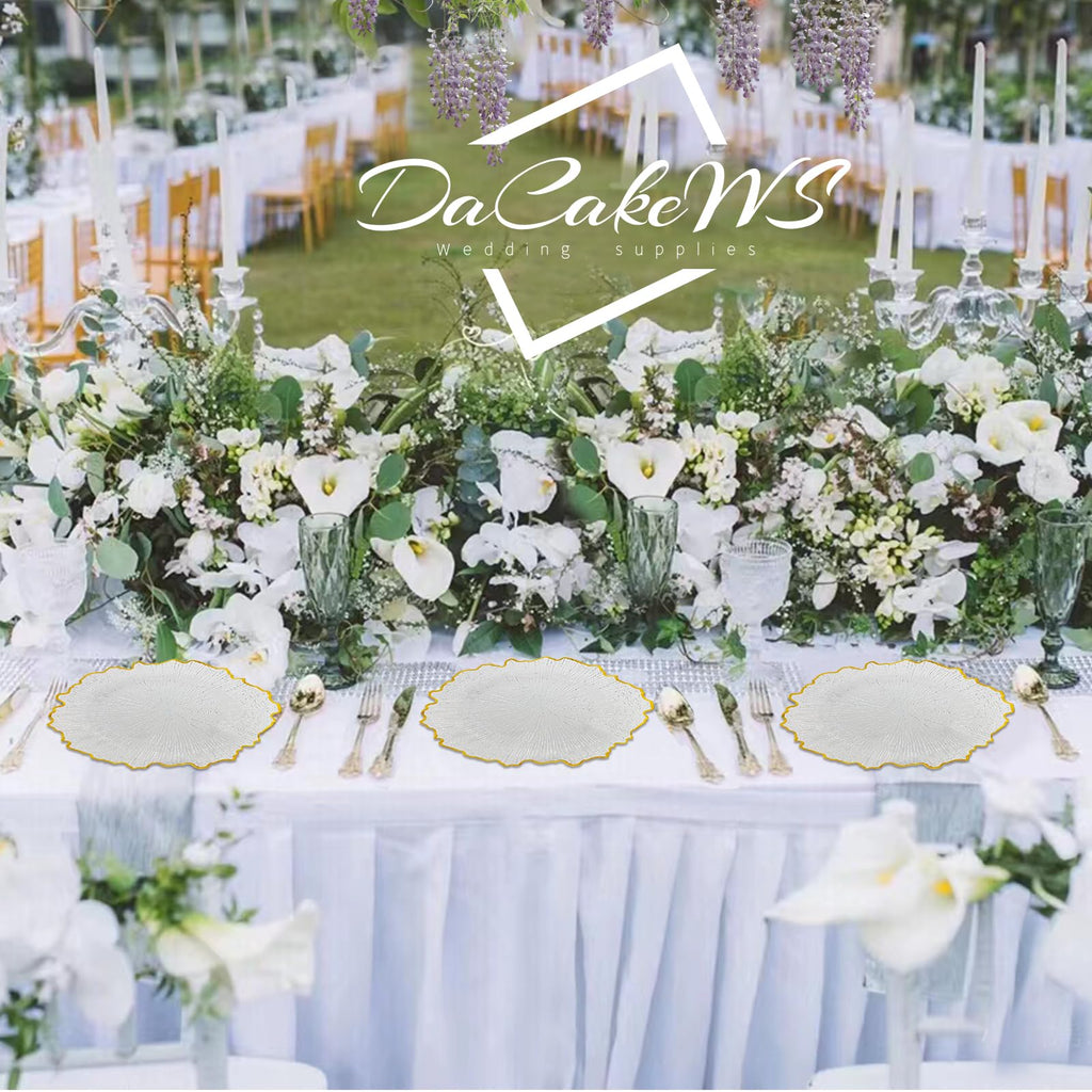 Acrylic Gold Rim Reef Charger Plates 10PCS, 13inch Plastic Floral Charger Plates Wedding for Dinner (10, Reef Clear)