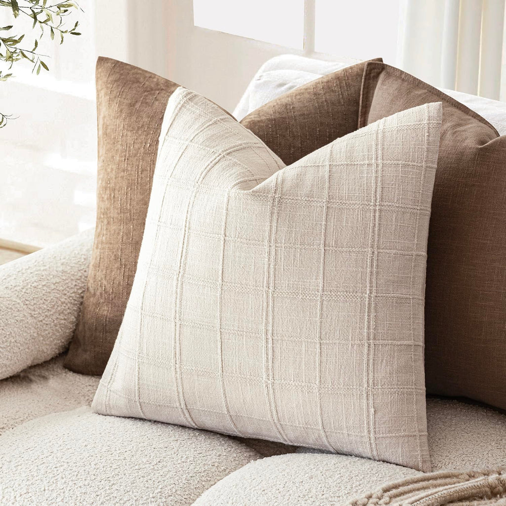 Linen Check Decorative Throw Pillow Covers 22×22 Natural Beige