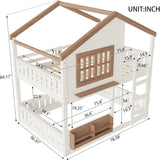 Bunk Bed Full Over Full with Ladder, House Bunk Beds with Bookshelf and Window for Kids, Teens, Beige & Natural
