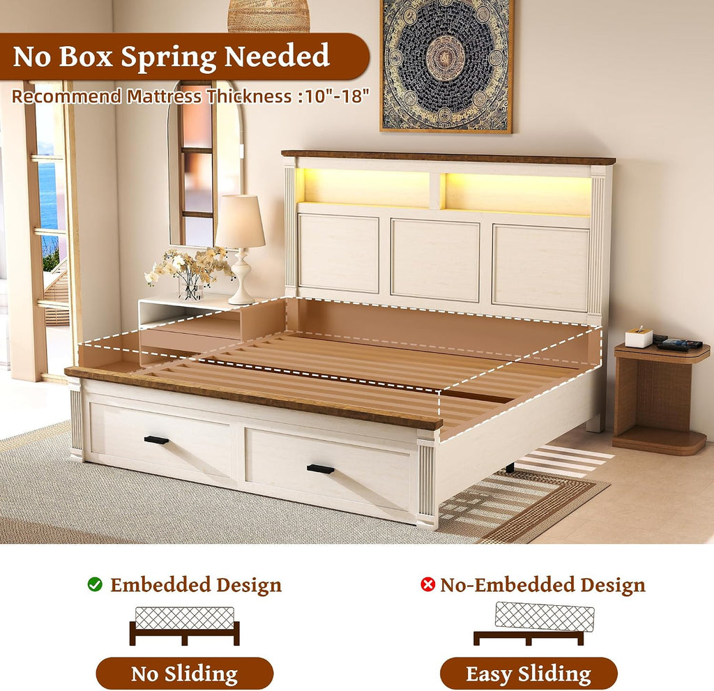 Queen Bed Frame with 2 Storage Drawers, 53" Tall Headboard Farmhouse Platform Bed Frame with Roman Column Decoration