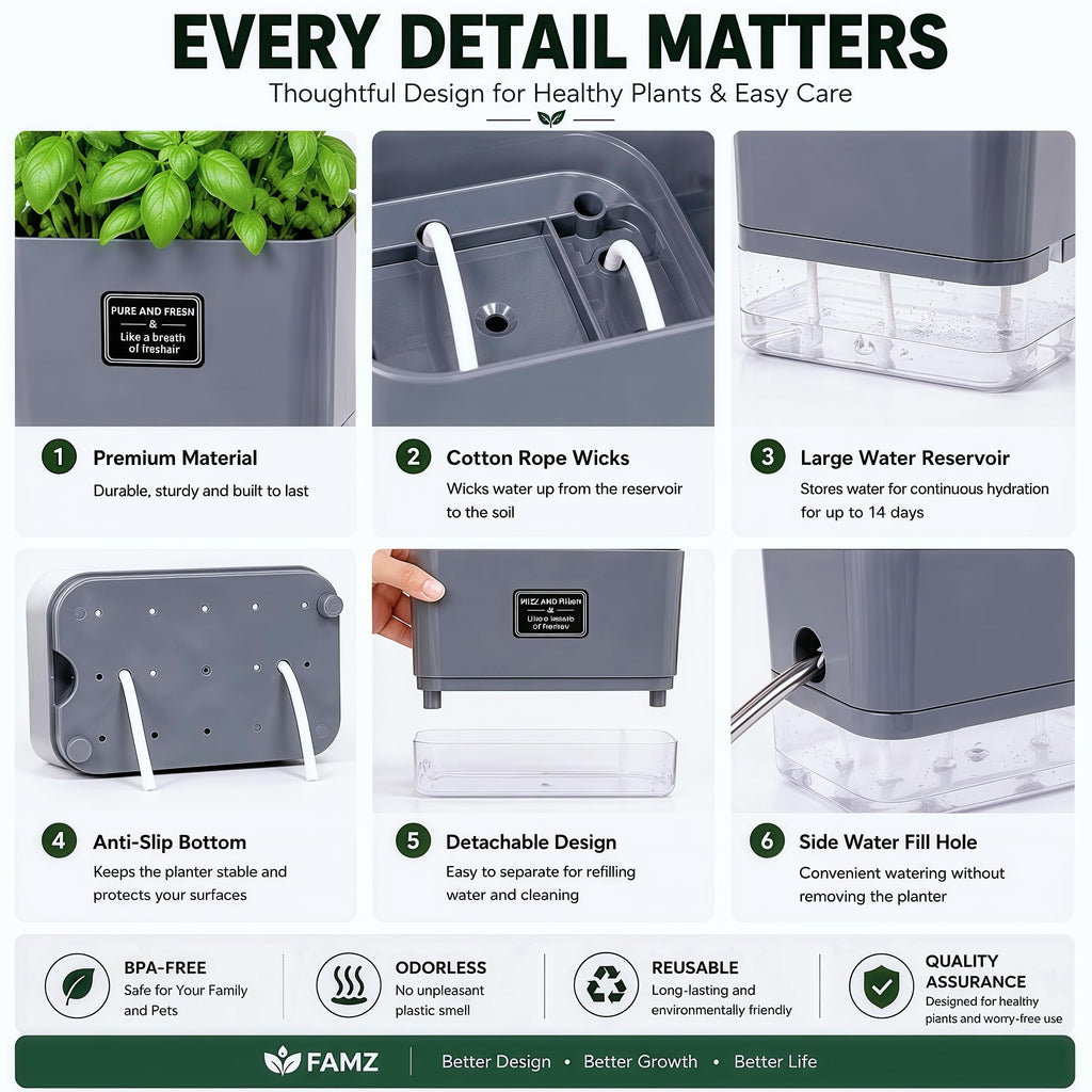Self Watering Planters 4 Pack, 7 Inch Rectangle Plant Pots with Visible Water Reservoir, Indoor Outdoor Herb Planter