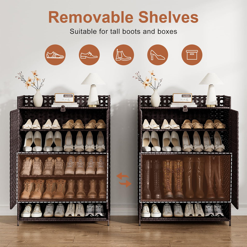Rattan Shoe Cabinet, 6-Tier 39.8" Tall Shoe Storage Cabinet with Adjustable Shelves, 20 Pairs Storage Cabinet with
