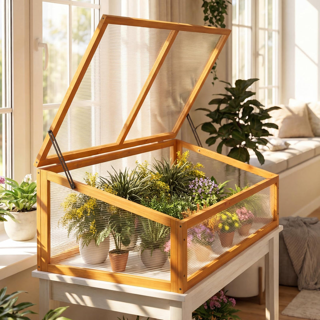 Wood Cold Frame Greenhouse, Portable Raised Planter Bed Protection with Transparent Flip-top Roof, Small Indoor
