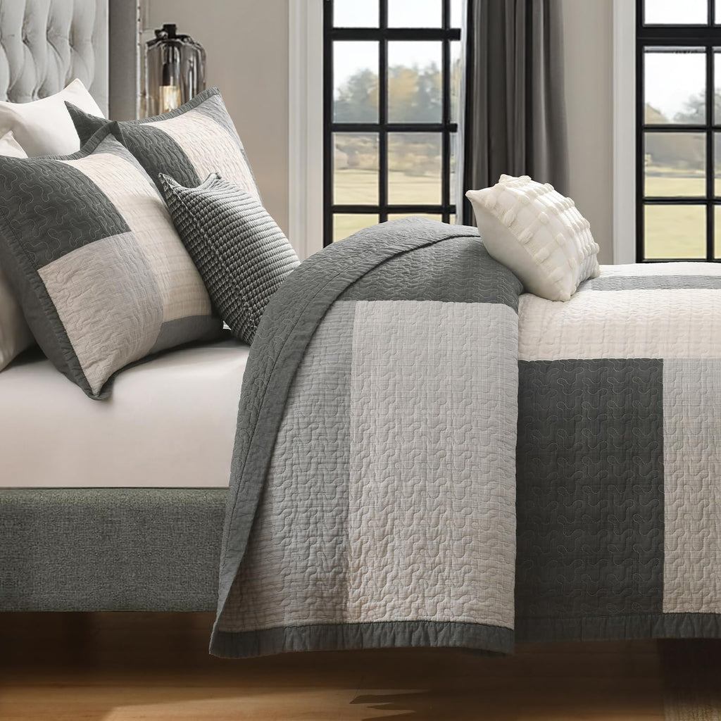 5-Piece Quilt Set, 100% Cotton, Patchwork Comforter Bedding Set, Farmhouse Plaid Quilted Bedspreads