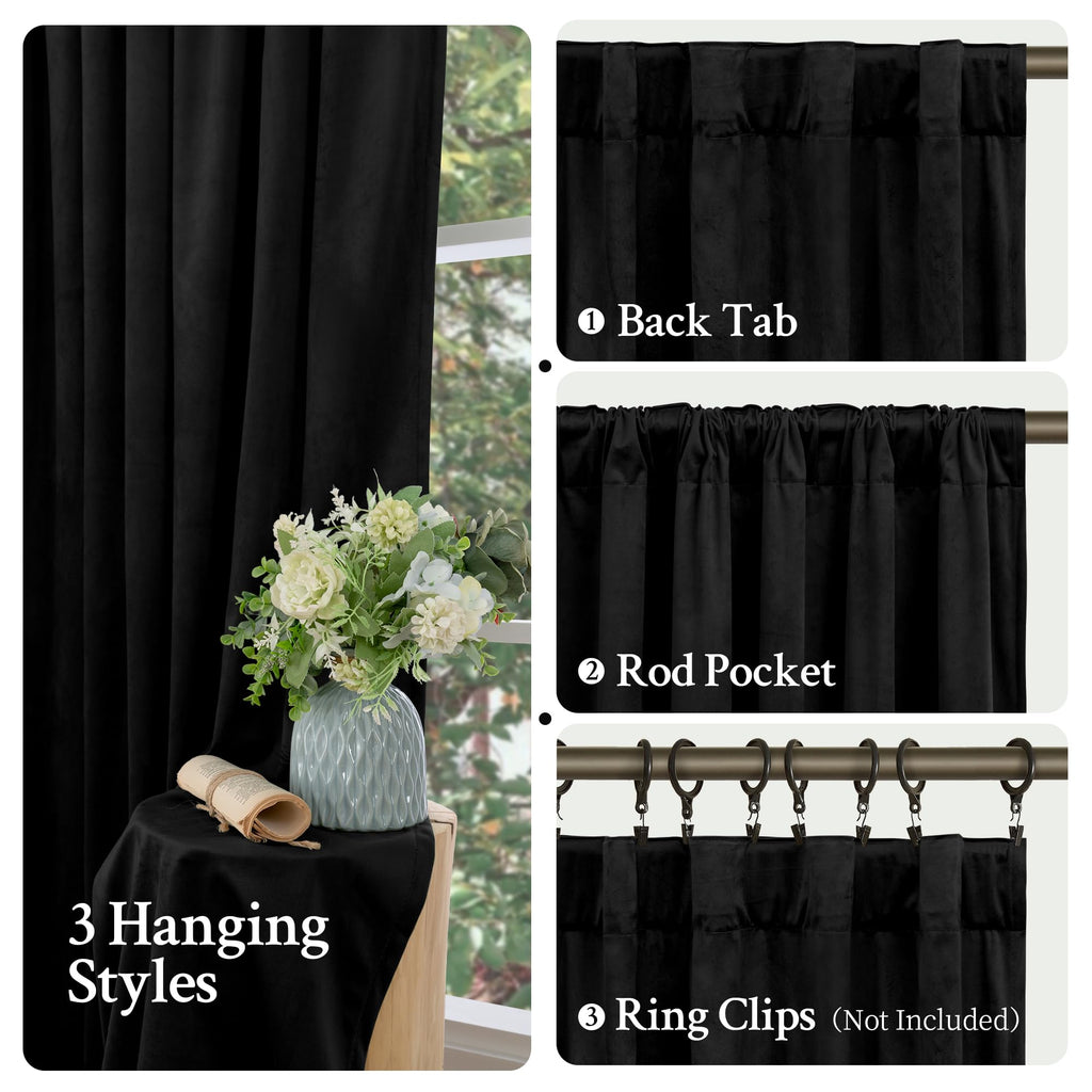 Black Velvet Blackout Curtains 80 Inches Long, 2 Panels