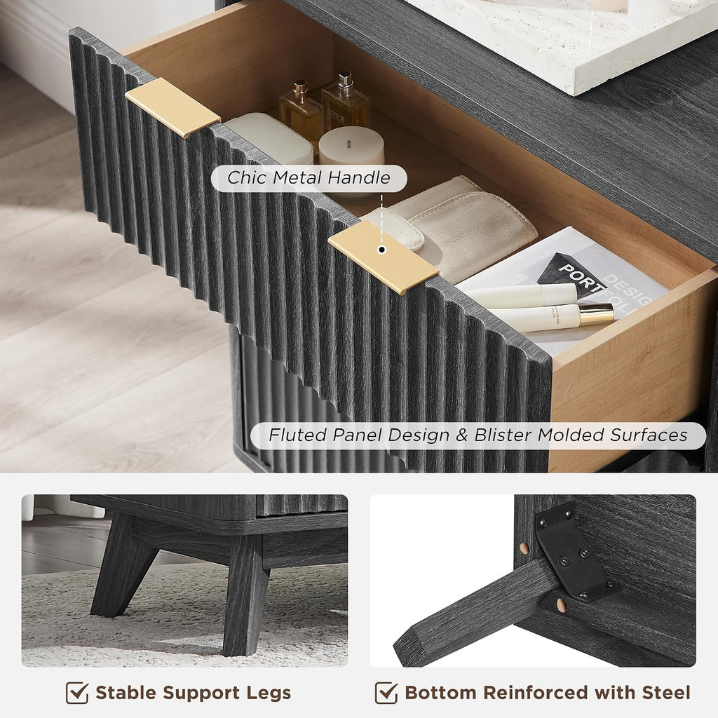 54" Wide Fluted 6 Drawer Dresser , Dark Walnut | Mid Century Modern, Curved Profile, Metal Handles, Anti-tip Kit