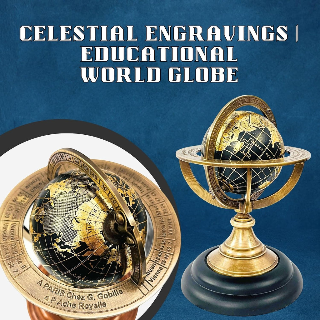 5.10" Nautical Brass Armillary Sphere World Globe with Jet Black Map & Black color Wooden Base - Elegant & Durable