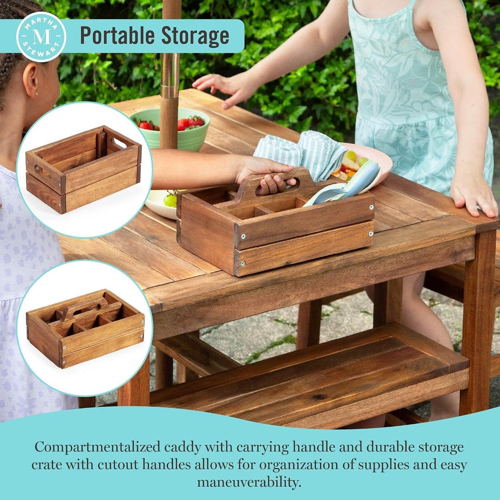 Kids Outdoor Craft Table and 2 Bench Set: Acacia Wood Activity Desk w/Crate, Caddy, and Storage Shelves | Kids Play &