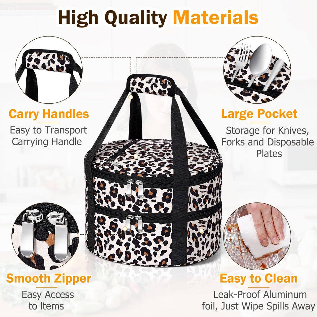 Round Double Insulated Casserole Carrier 12" Portable Pie Tote, Leopard