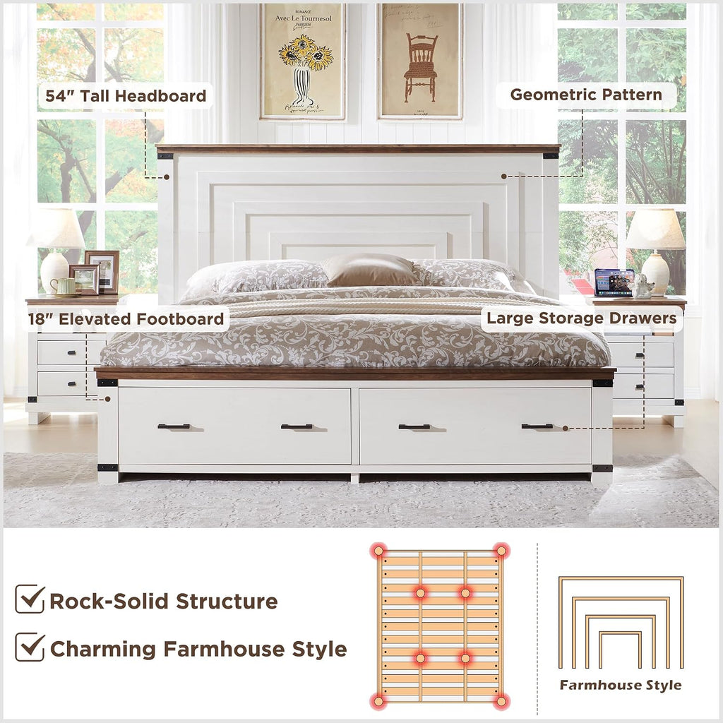Farmhouse King Bed Frame with 54" Tall Geometric Headboard & 2 Large Storage Drawers, Rustic Wood Platform Bed with