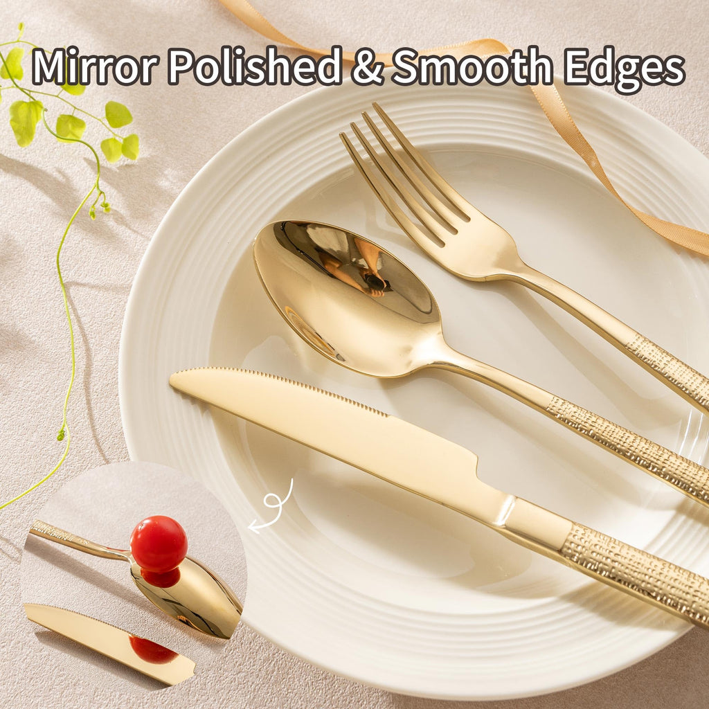 Gold Hammered Silverware Set for 1, 5-Piece 18/10 Stainless Steel Flatware