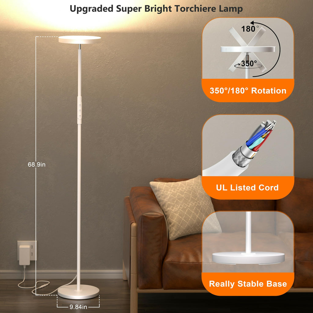 Super Bright Floor Lamp, Stepless Dimmable LED Standing Lamp with Remote and Touch Control, 69" Tall Torchiere