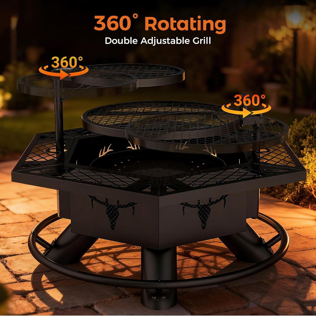 Fire Pit with BBQ, Outdoor Fire Pit for Wood Burning, Patio Firepits for Outside with Grill