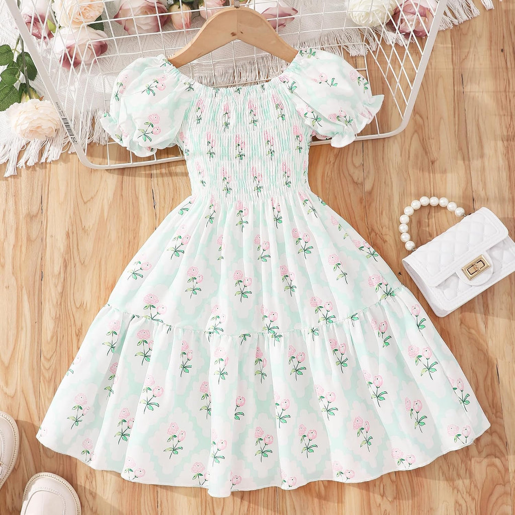 Toddler Baby Girls Summer Floral Dress Kids Puff Sleeve Square Neck Smocked Flowy Sun Dresses